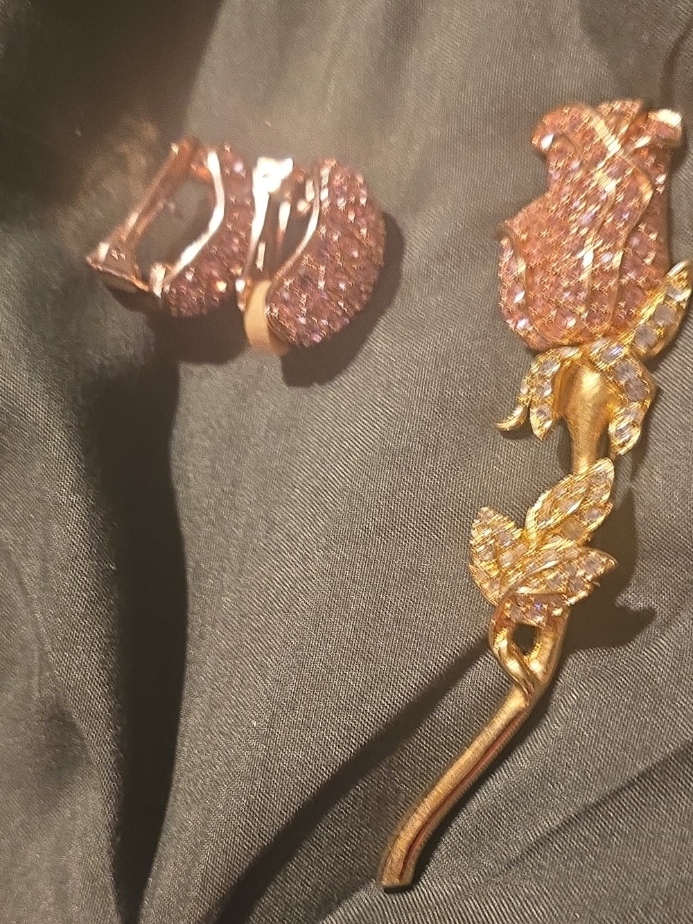 Nolan Miller Gold-Tone Pink Crystal Floral Brooch with Matching Clip Earrings